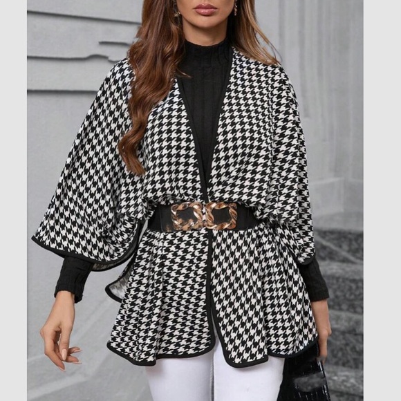Luxe houndstooth cloak sleeve belted cap top - Picture 6 of 6